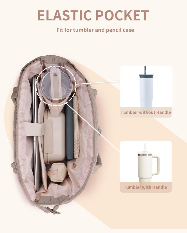 Organisierte Damenhandtasche mit Becherhalter und Laptop-Schutz.