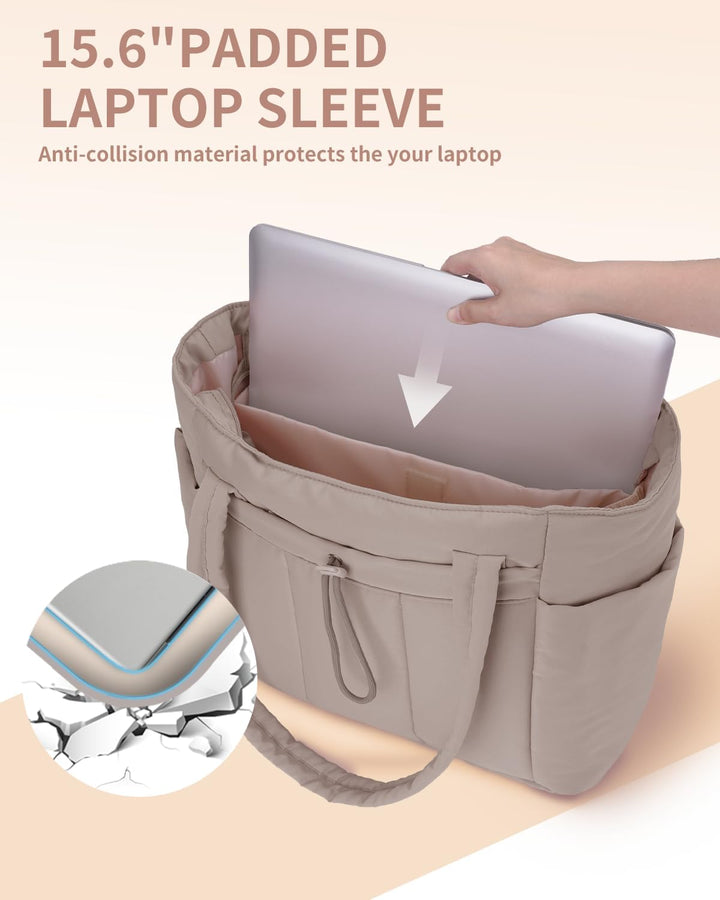Vielseitige Puffer Tote für Büro, Uni & Freizeit mit praktischem Laptopfach.