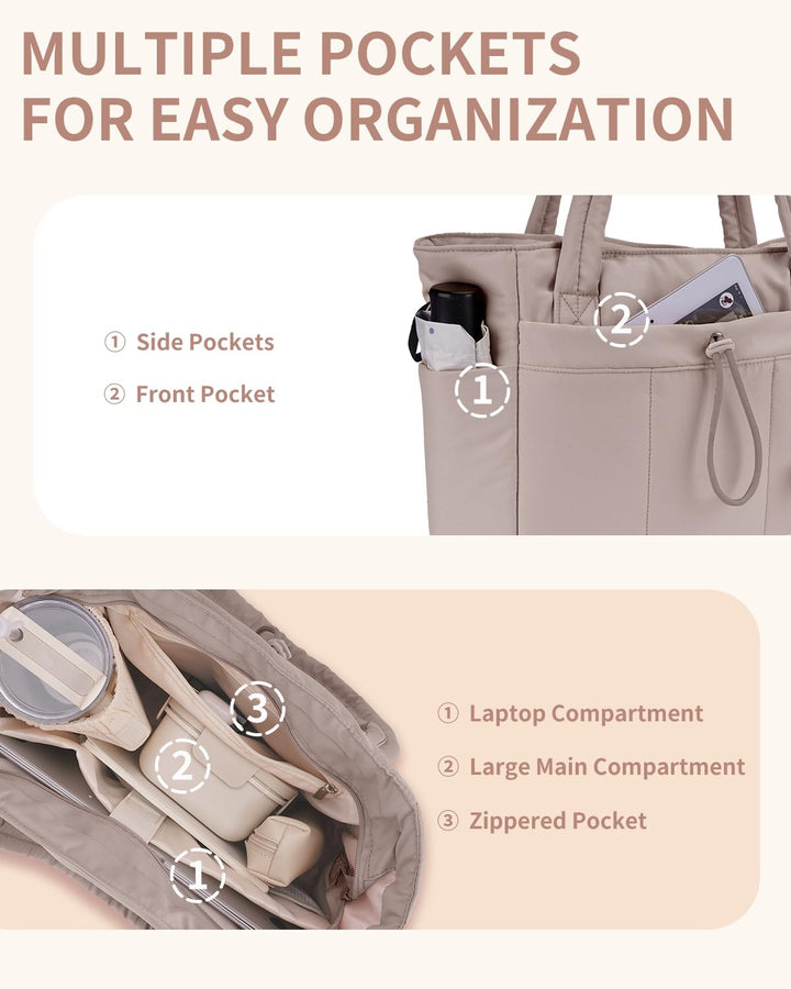 Stilvolle Puffer Tote, gepolstert, mit Fach für Laptop und Getränke.