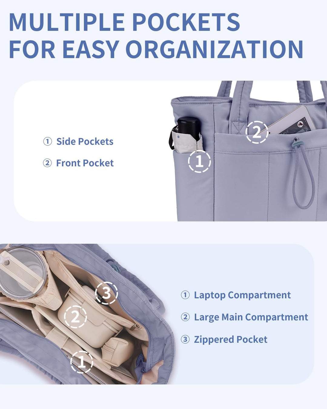 Leichte Puffer Tote Damen, gesteppt, mit viel Stauraum & Fächern.