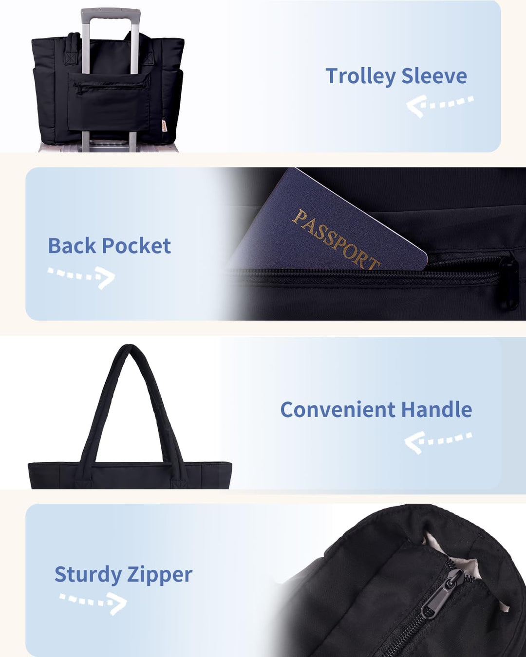 Gesteppte Reisetasche Damen, praktisch mit Laptopfach und Becherhalter.
