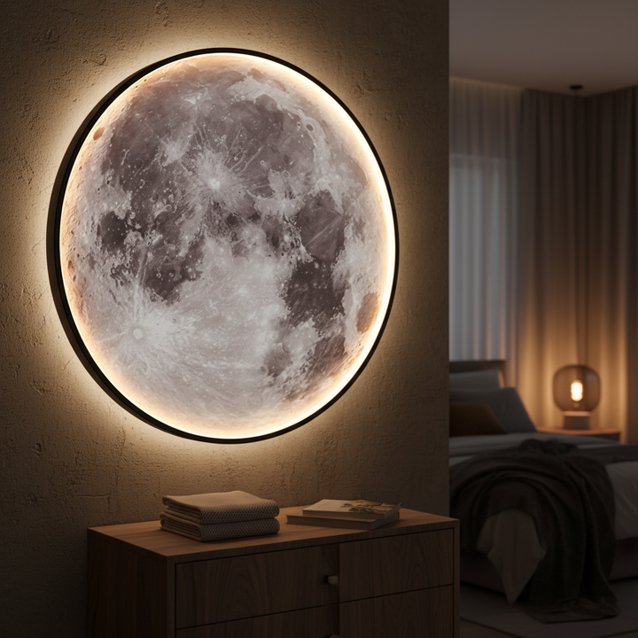 Wandmontierte LED-Mondlampe Moonveil für stimmungsvolles Licht im Wohnzimmer oder Schlafzimmer.