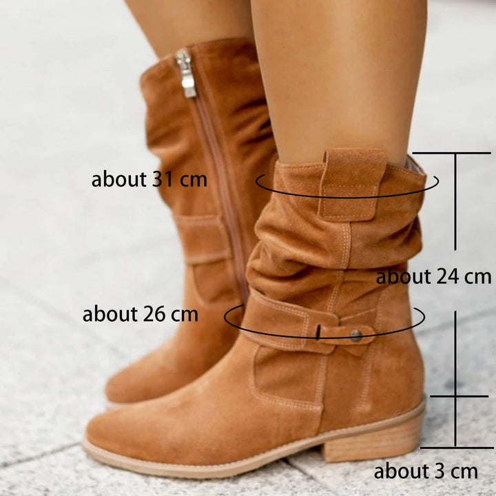 Nahaufnahme: Warme Damen Stiefeletten in Beige. Modischer Reißverschluss, bequeme, elegante Herbstschuhe.