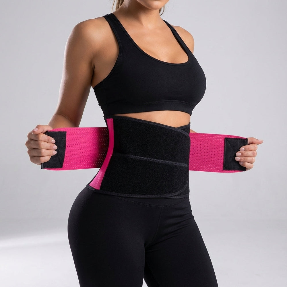 Model trägt schwarzen Unisex Trainingsgürtel, stabilisiert Bauch & Rücken, ideal für Fitness & Kompression.