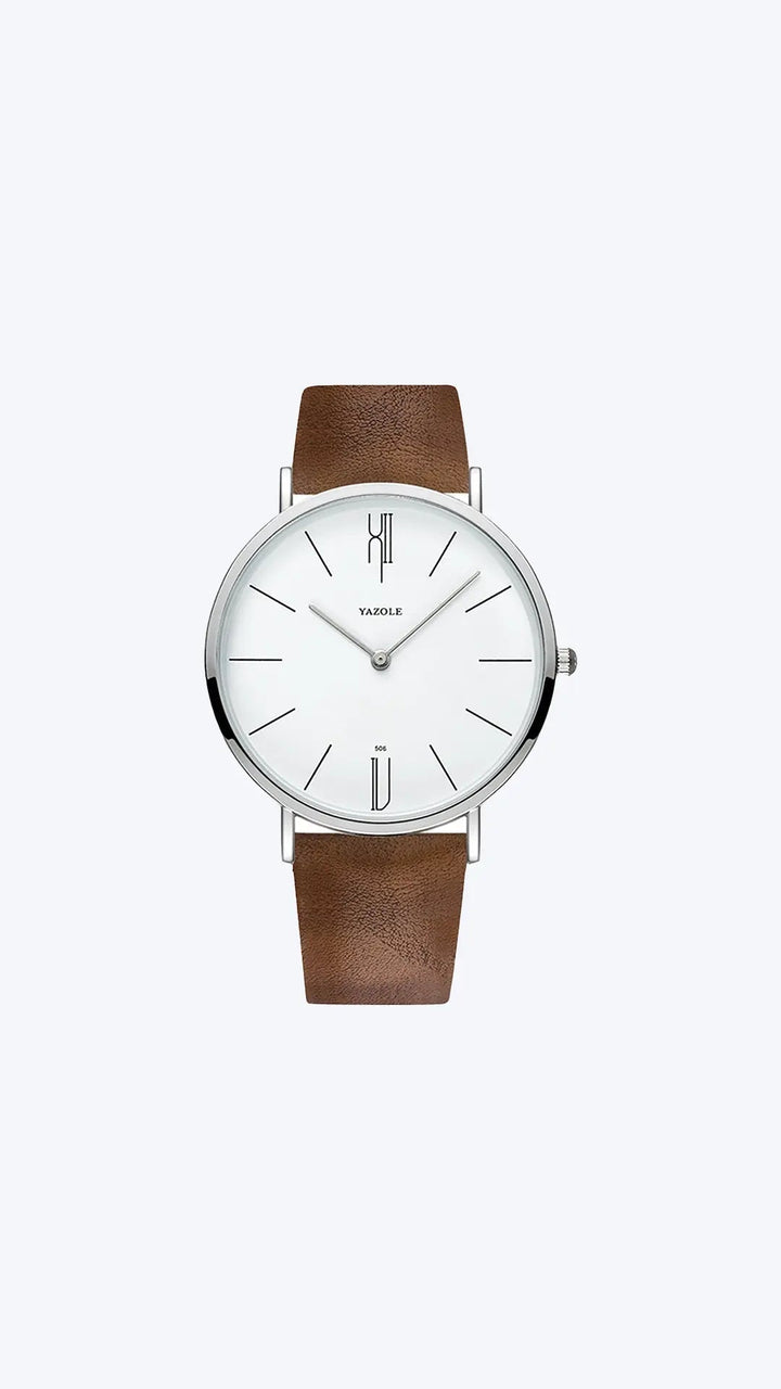 Detailansicht der Herren Armbanduhr: klares Zifferblatt, präzises Quarzwerk, feines Lederband.