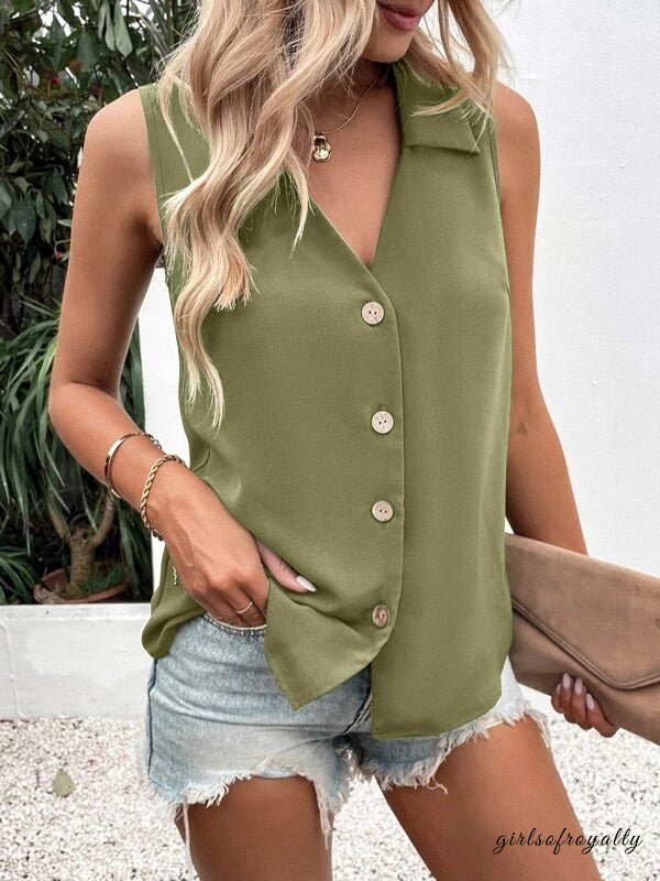 Casual Damen Sommer Top mit V-Ausschnitt und Knopfleiste, ärmellos für entspannte Freizeit-Looks.