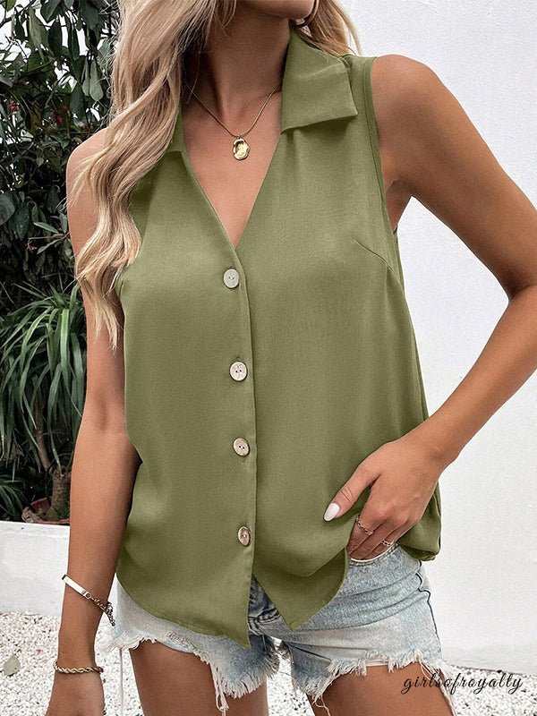 Lockeres Damen V-Ausschnitt Top mit Knopfleiste, ideal als ärmelloses Sommer Oberteil für Freizeit.