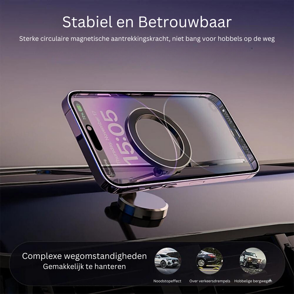 Universeller magnetischer Smartphone Halter für das Armaturenbrett im Auto mit fester Metallbasis.