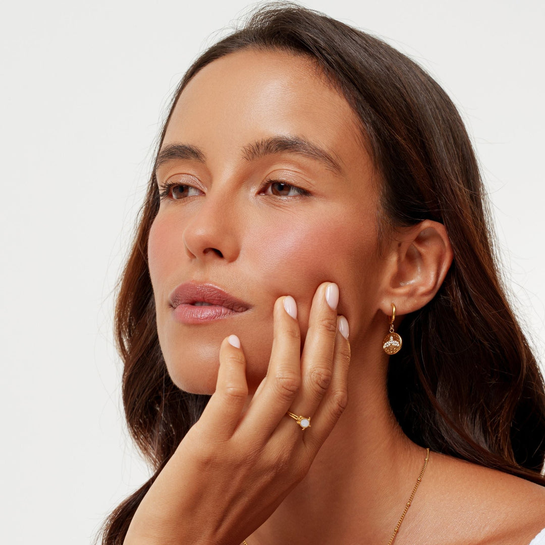Robuste, wasserfeste Gold Huggie Creolen aus Edelstahl für Damen. Mit funkelndem Zirkon & maritimem Walflossen-Motiv. Hypoallergen.