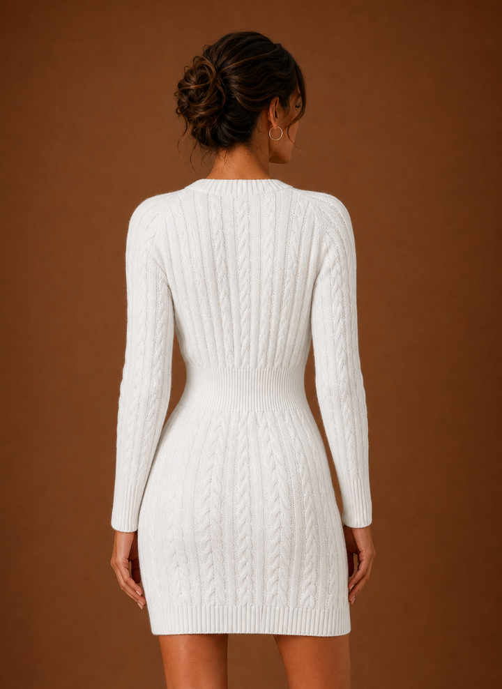 Lila Damen Minikleid mit Zopfmuster, Strickkleid für den Alltag oder schicke Anlässe.