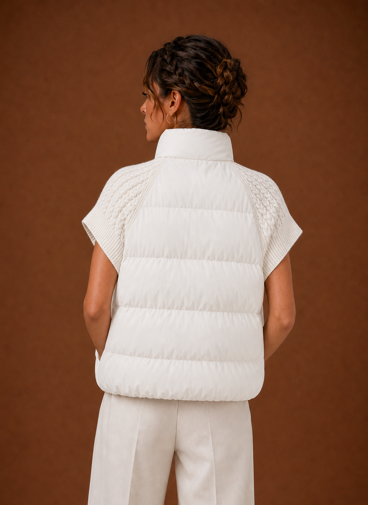 Herbstliche Damen Steppweste mit Strick, bequem, ärmellos und elegant für kalte Tage.