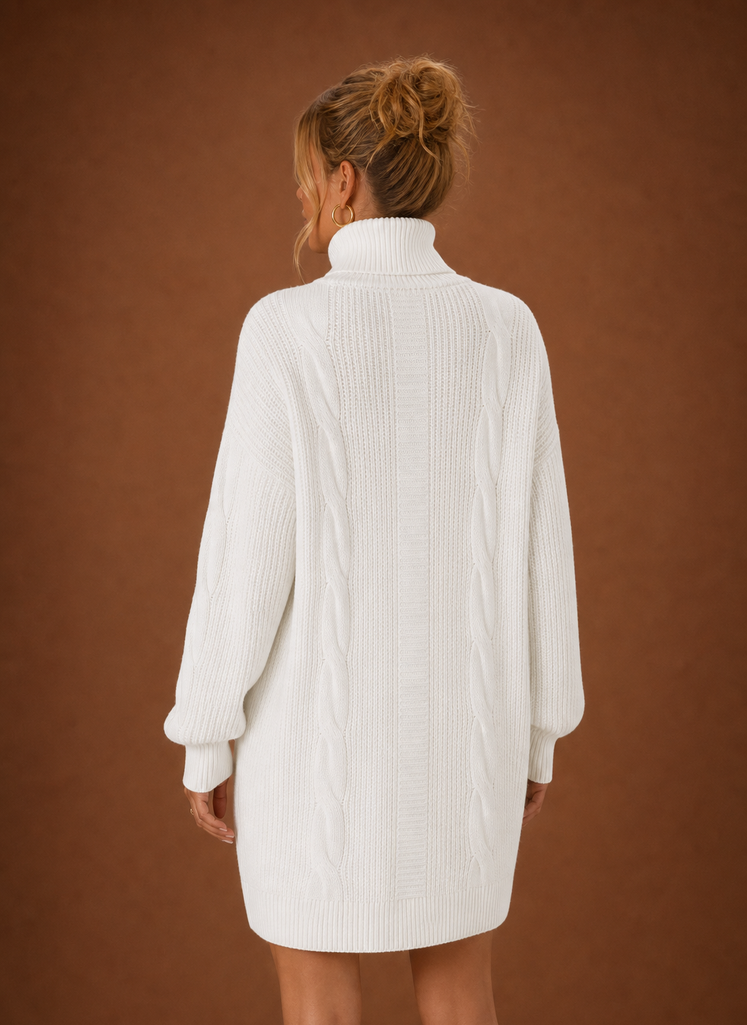 Trendiges Damen Rollkragen-Strickkleid, perfekt für herbstliche Eleganz & Komfort.