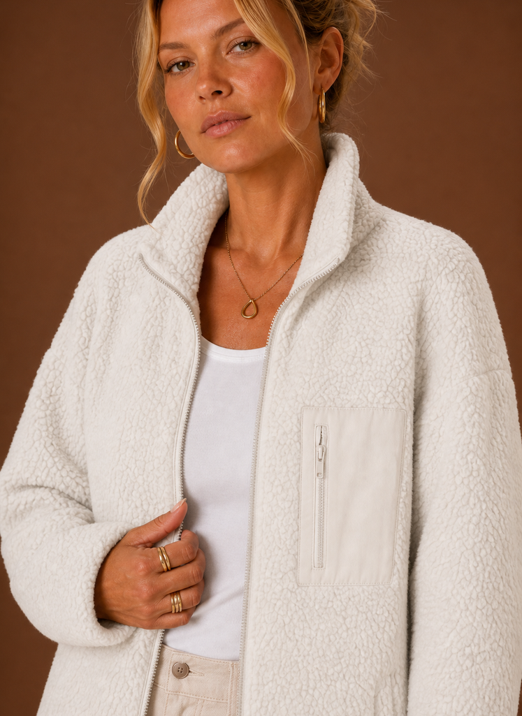 Kuschelige Damen Sherpa-Reißverschlussjacke. Perfekt für gemütliche Tage, drinnen & draußen. Wintertauglich.