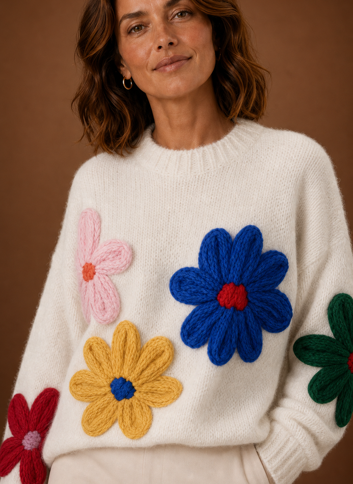 Damen Oversized Strickpullover mit elegantem Blumenmuster. Perfekt für stilvolle Frühlings- und Herbstlooks.