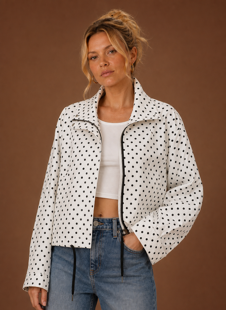 Modische leichte Damenjacke mit Punktemuster, Stehkragen & verstellbarem Saum. Ideal für Frühling/Sommer.