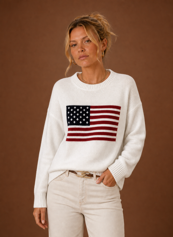 Damen Rundhals Pullover mit stilvollem Flaggen-Strickmuster. Ideal für Freizeit & Herbst/Winter.