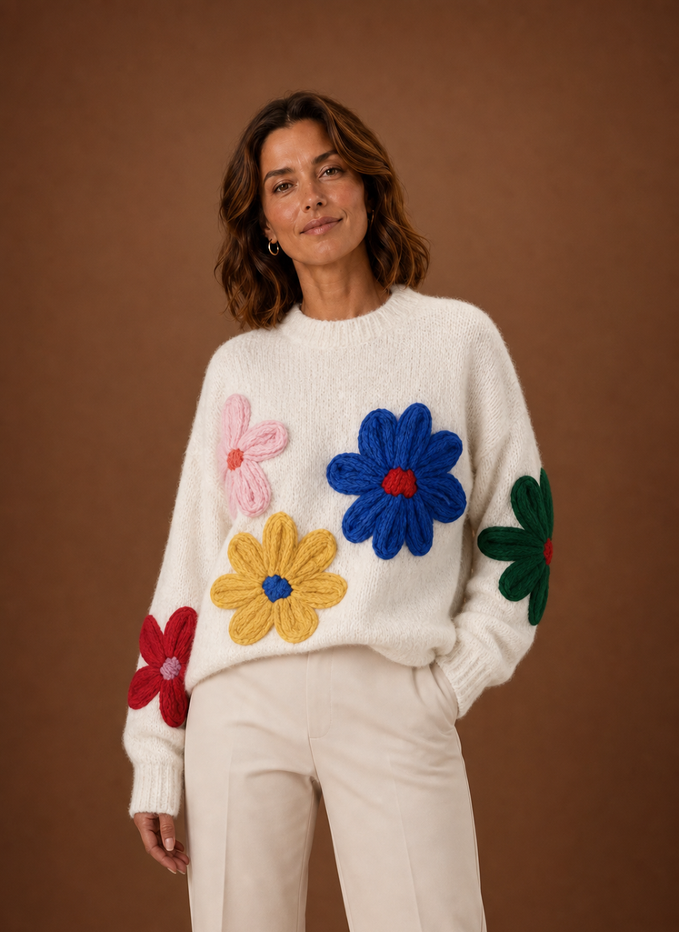 Gemütlicher Damen Oversized Langarm-Strickpullover mit stilvollem Blumenmuster für Casual Übergangslooks.
