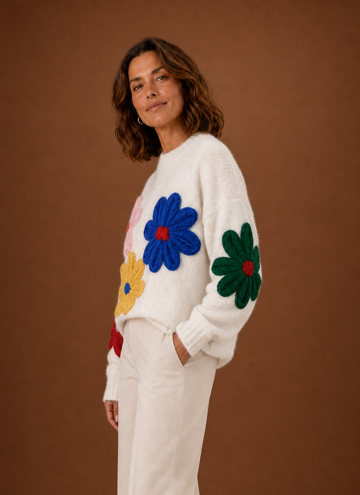 Eleganter Damen Strickpullover, Oversized, mit wunderschönem Blumenmuster. Ideal für Frühling & Herbst.