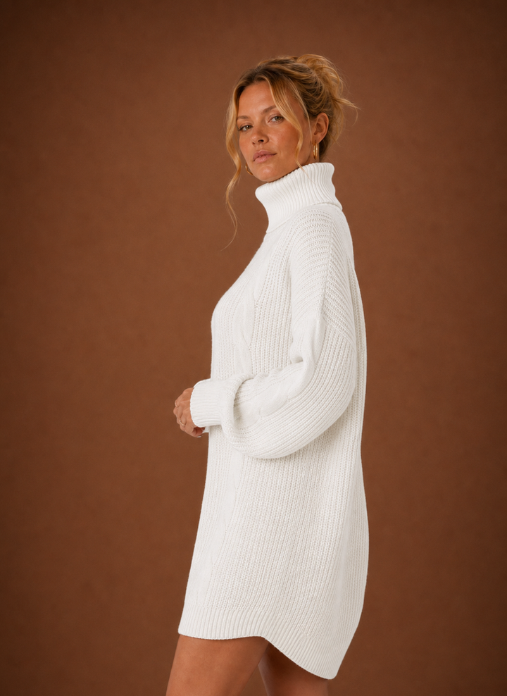Premium Damen Strickkleid mit Rollkragen, warm, stilvoll und super bequem für die kühle Jahreszeit.
