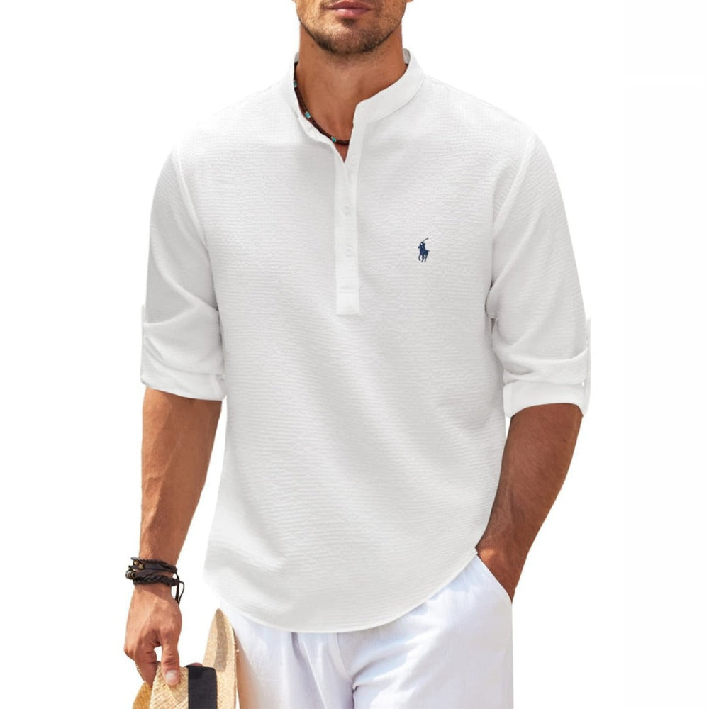 Elegantes Herren Freizeithemd mit Stehkragen und Rollärmeln, perfekt für Strand, Freizeit und Sommer.
