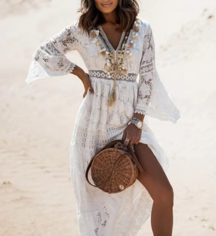 Boho Maxi Jurk Elvira für Damen: entspanntes, elegantes Sommerkleid mit V-Ausschnitt & Fransen. Ideal für Festivals.
