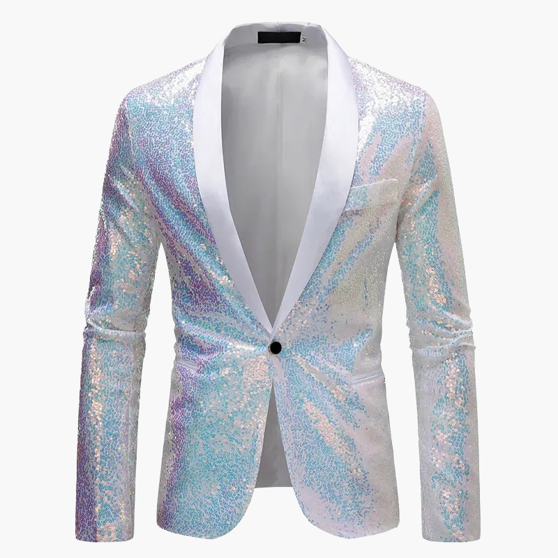 Detail des Paillettenstoffs am Herren Smoking Blazer, glitzernder Schwarzton für exklusive Abendmode.