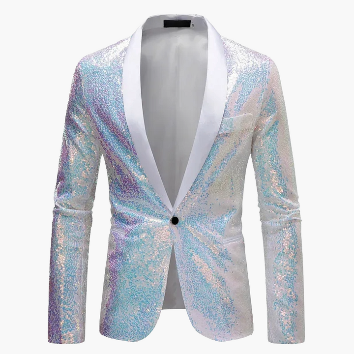Detail des Paillettenstoffs am Herren Smoking Blazer, glitzernder Schwarzton für exklusive Abendmode.