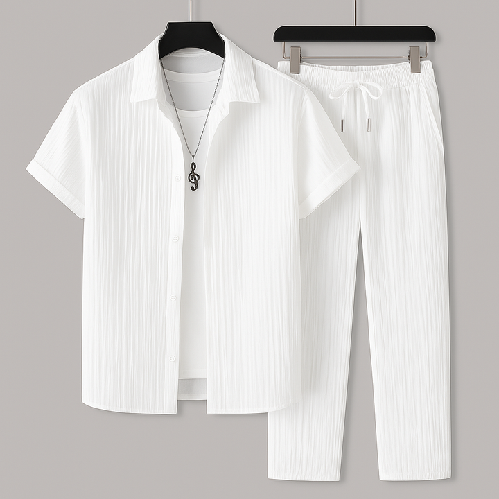 Komfortables Herren Sommer Set: atmungsaktives Freizeithemd und Hose. Ideal für warme Tage & Entspannung.