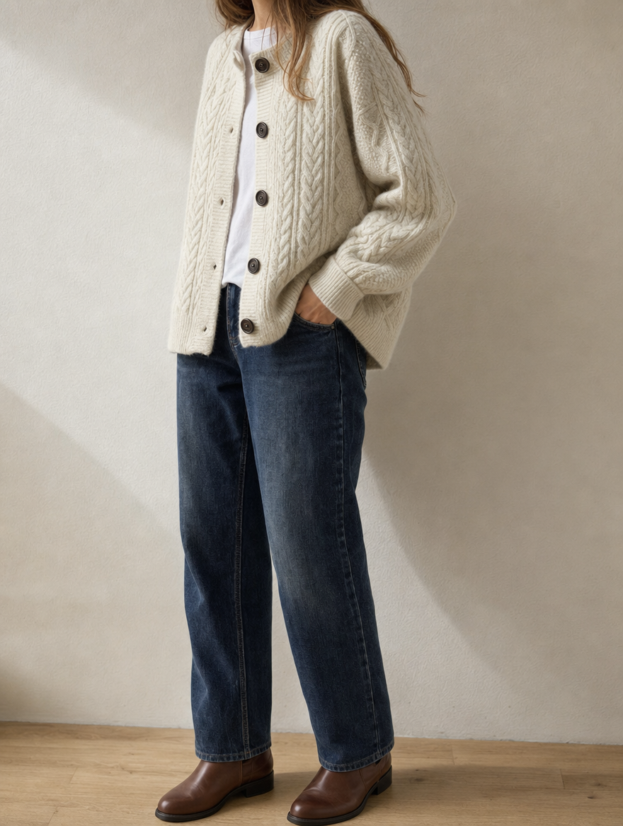 Bequeme Damen Zopfmuster Strickjacke Oversize für den Alltag. Perfekter Cardigan zum Layering für kühle Tage.
