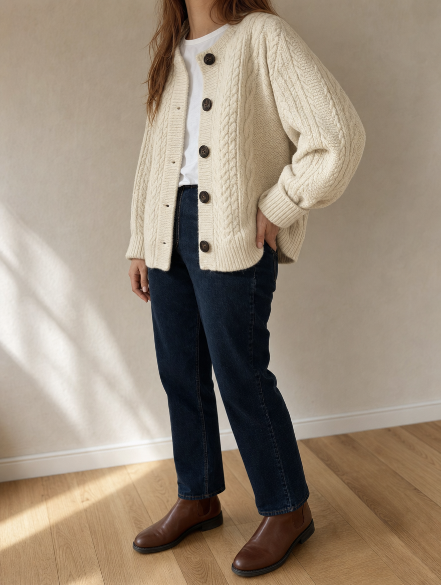 Detailaufnahme der Damen Zopfmuster Strickjacke Oversize. Gemütlicher, warmer Cardigan, ideal für Herbstmode.