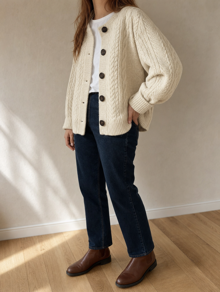 Detailaufnahme der Damen Zopfmuster Strickjacke Oversize. Gemütlicher, warmer Cardigan, ideal für Herbstmode.