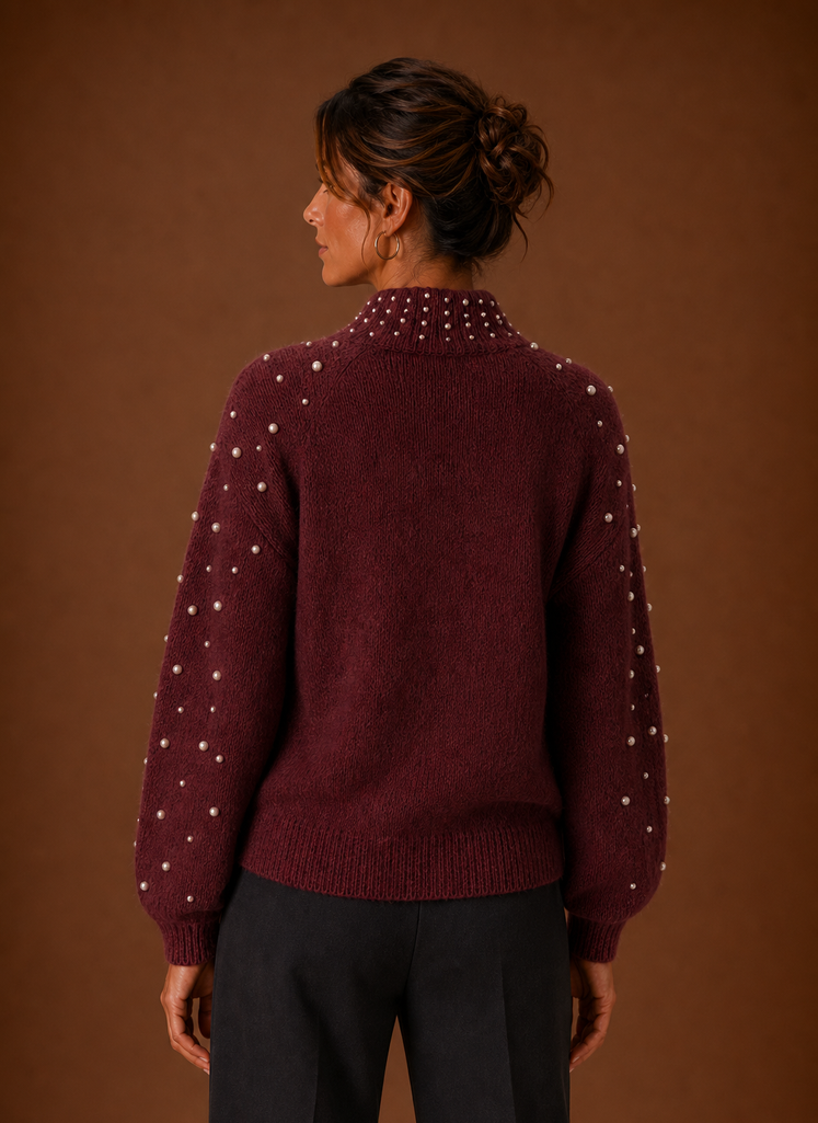 Moderner Damen Pullover aus Strick mit Perlen. Trendiges, elegantes Oberteil für Herbst-Outfits.