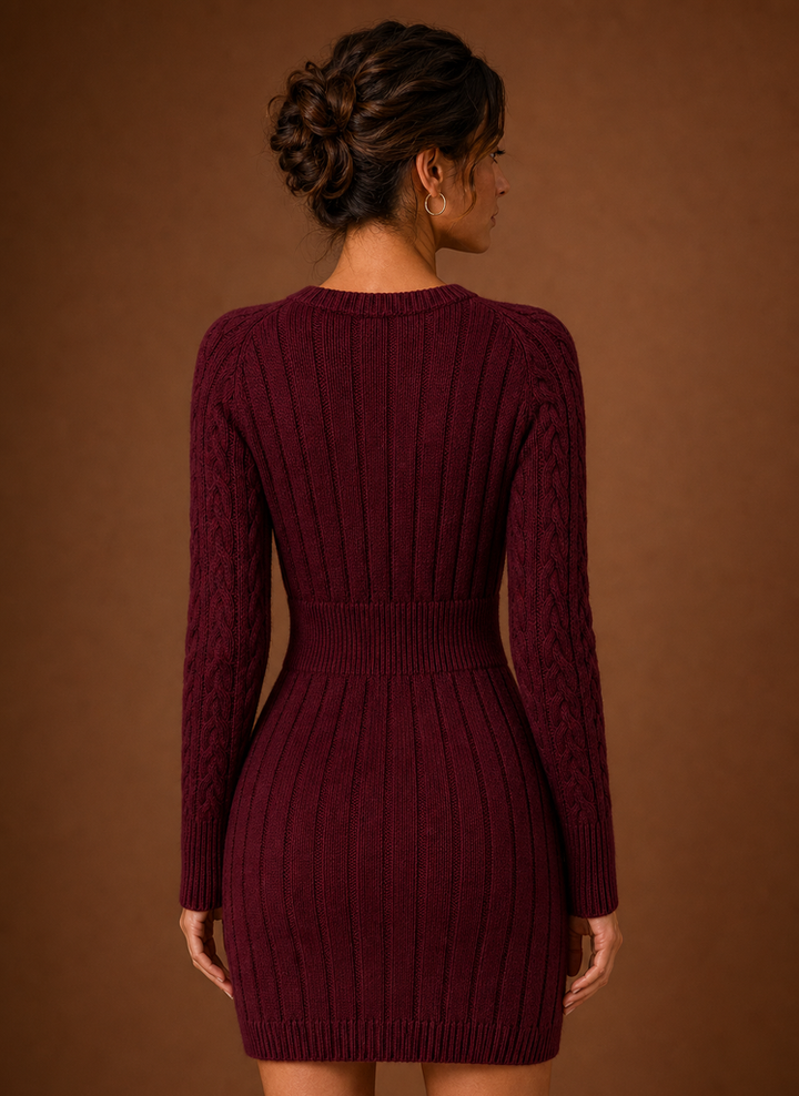 Schwarzes Damen Minikleid, Zopfmuster, lange Ärmel, zeitloses Design, elegant.