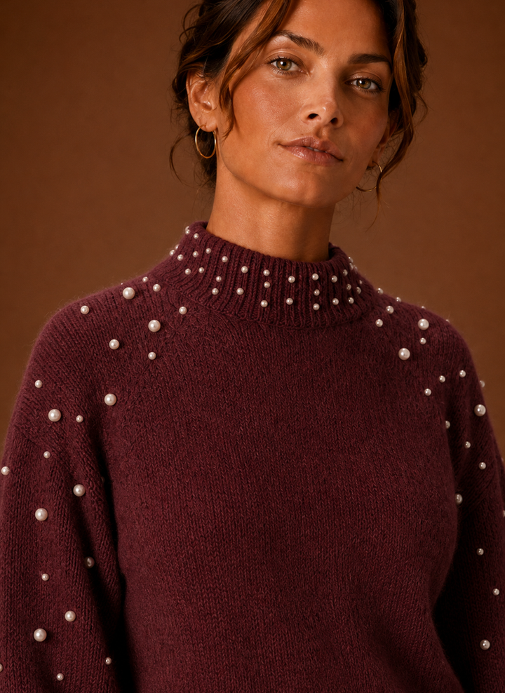 Trendiger Damen Herbst-Strickpullover mit Perlen. Schick & warm für stilvolle Winter-Looks.
