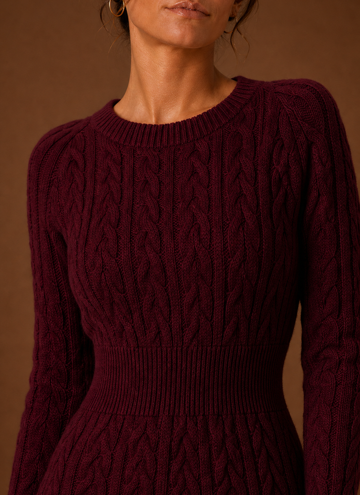 Weinrotes Damen Minikleid mit Zopfmuster, warmes Strickkleid für festliche Anlässe.