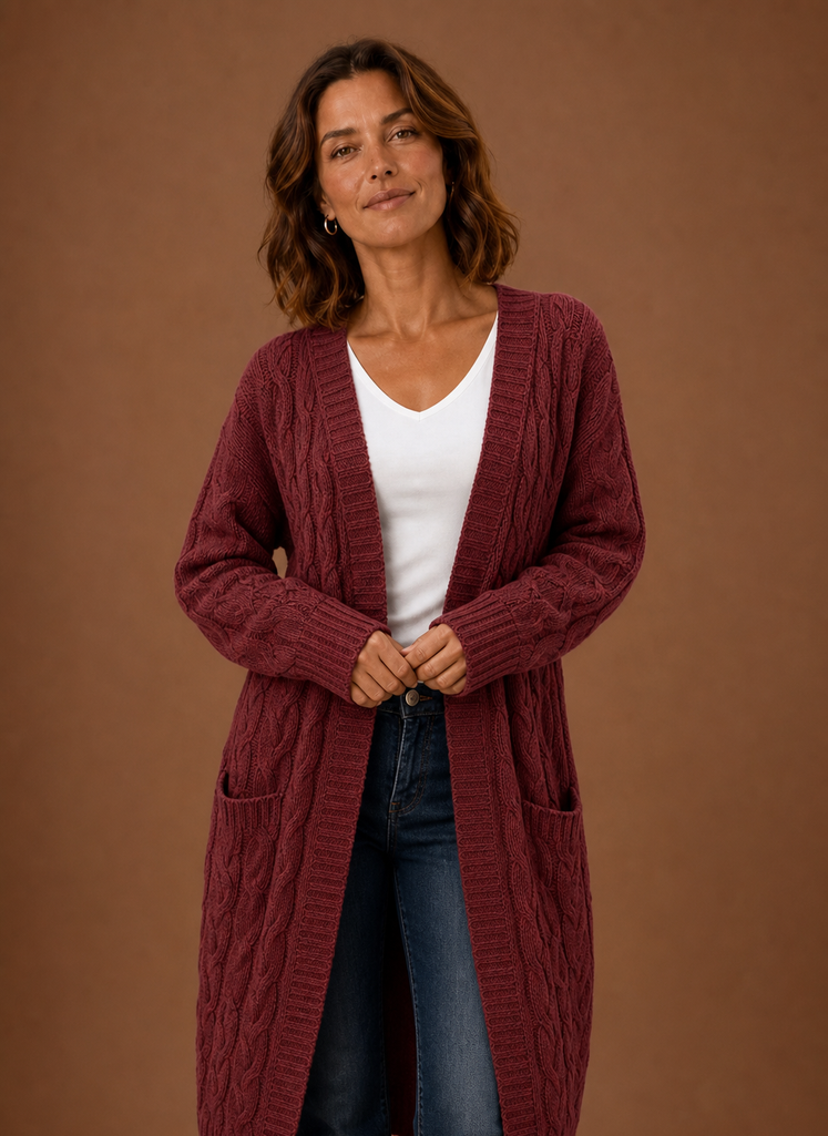 Kuschelige Damen Langstrickjacke mit Kapuze, ideal für gemütliche Herbsttage.