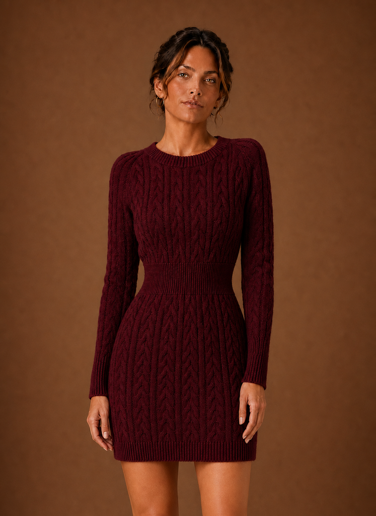 Weinrotes Damen Strickkleid mit Zopfmuster, lange Ärmel, vielseitig für kalte Tage.