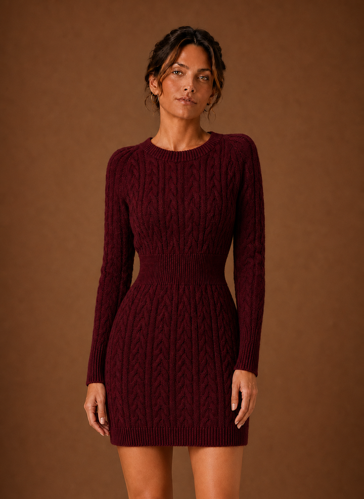 Weinrotes Damen Strickkleid mit Zopfmuster, lange Ärmel, vielseitig für kalte Tage.