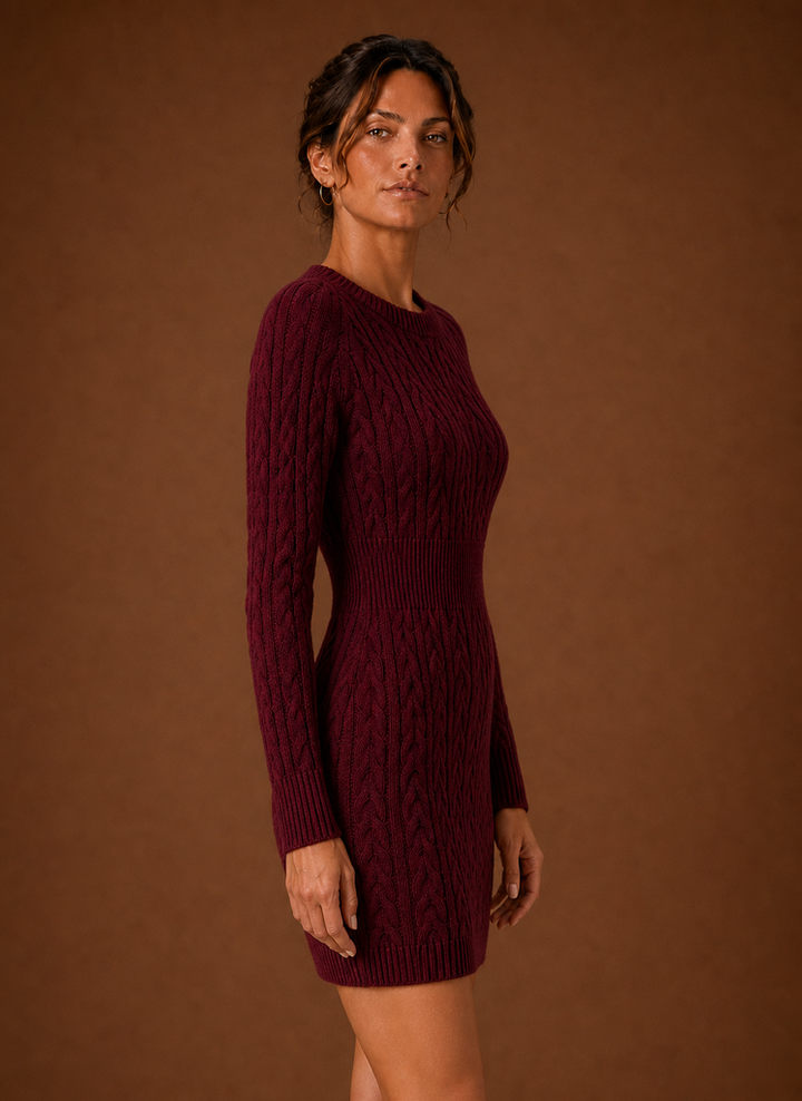 Lila Damen Strickkleid, Minikleid mit Zopfmuster, stilvoll für Herbst & Winter.