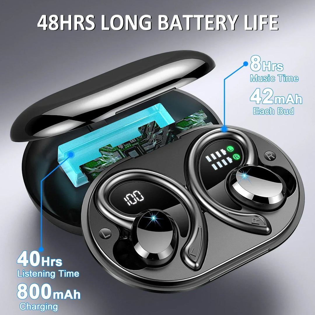 Schwarze AeroTune Sport-Ohrhörer: kabellos, Bluetooth, sicherer Halt, für Fitness & aktives Pendeln.