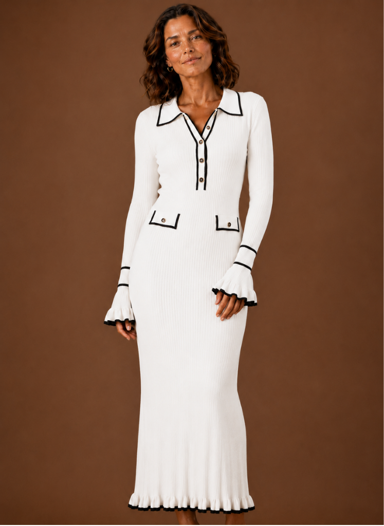 Damen Maxikleid mit Polokragen, Langarm, eleganten Kontrastkanten & Knopfleiste. Winter- & Freizeitkleid.