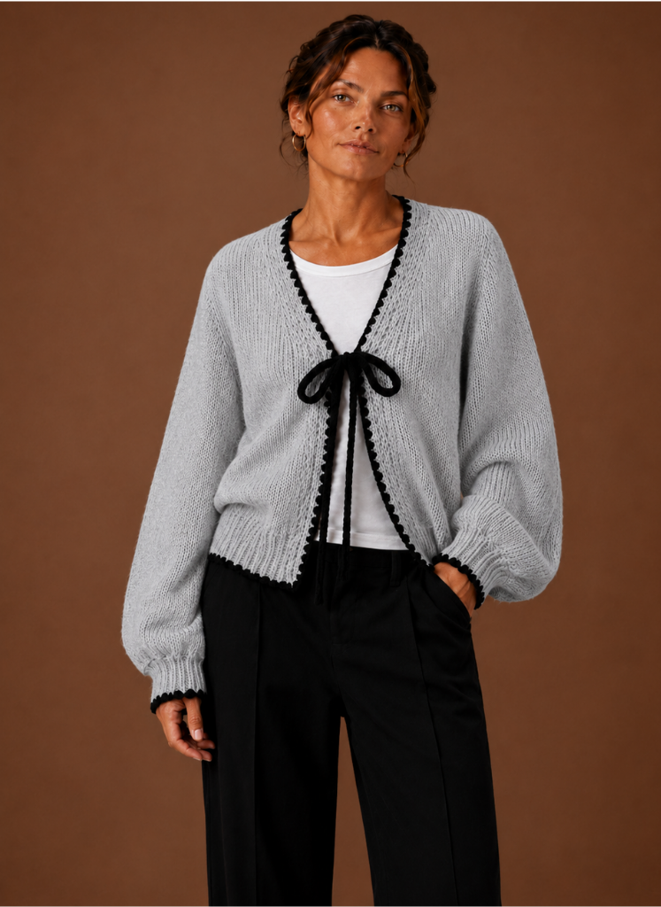 Modische Damen Kurzjacke in elegantem Design mit Wellenkante am Saum & femininer Schleife, vielseitig kombinierbar.