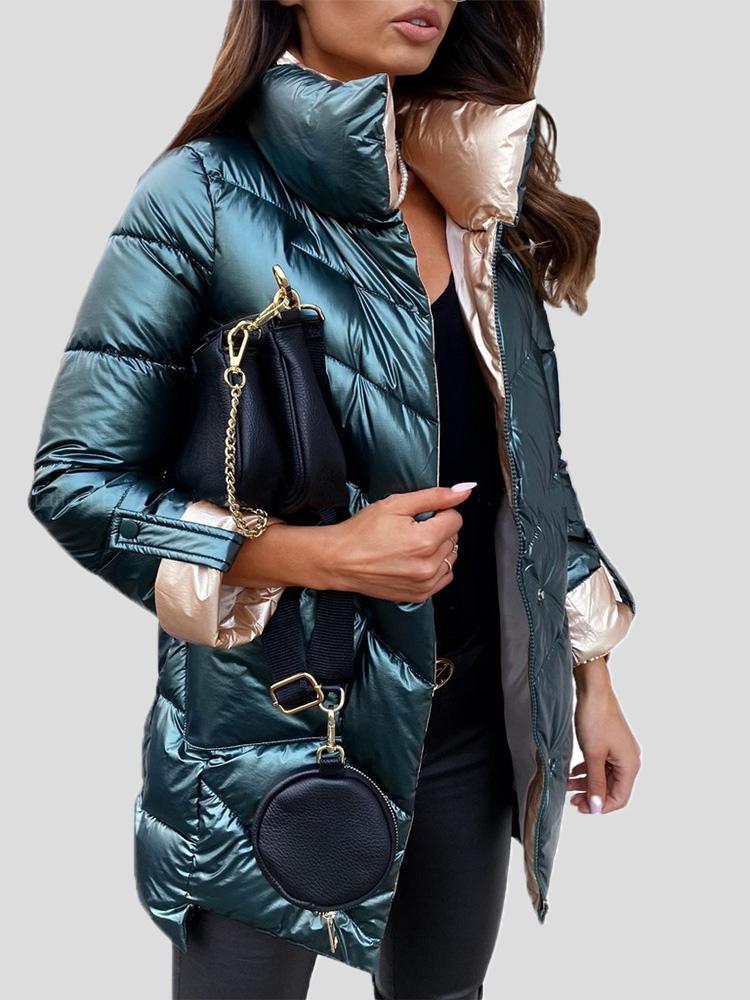 Grüner, langer Damen Wintermantel. Stilvolle Pufferjacke für Freizeit & kalte Tage. Hochwertige Oberbekleidung.