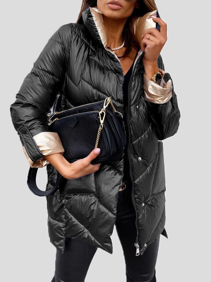 Eleganter schwarzer Damen Puffer Wintermantel. Warme Winterjacke für Damen, perfekt für Outdoor & Stadt.