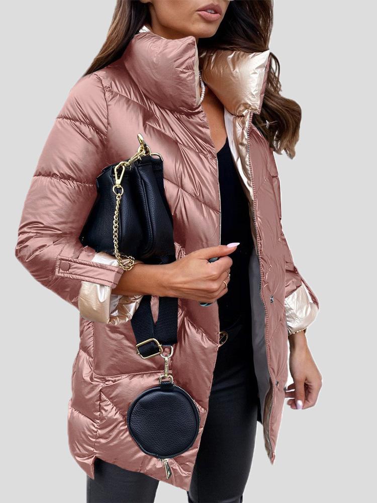 Modischer rosa Damen Puffer Wintermantel. Warme, elegante Winterjacke für Damen, perfekt für Outdoor.
