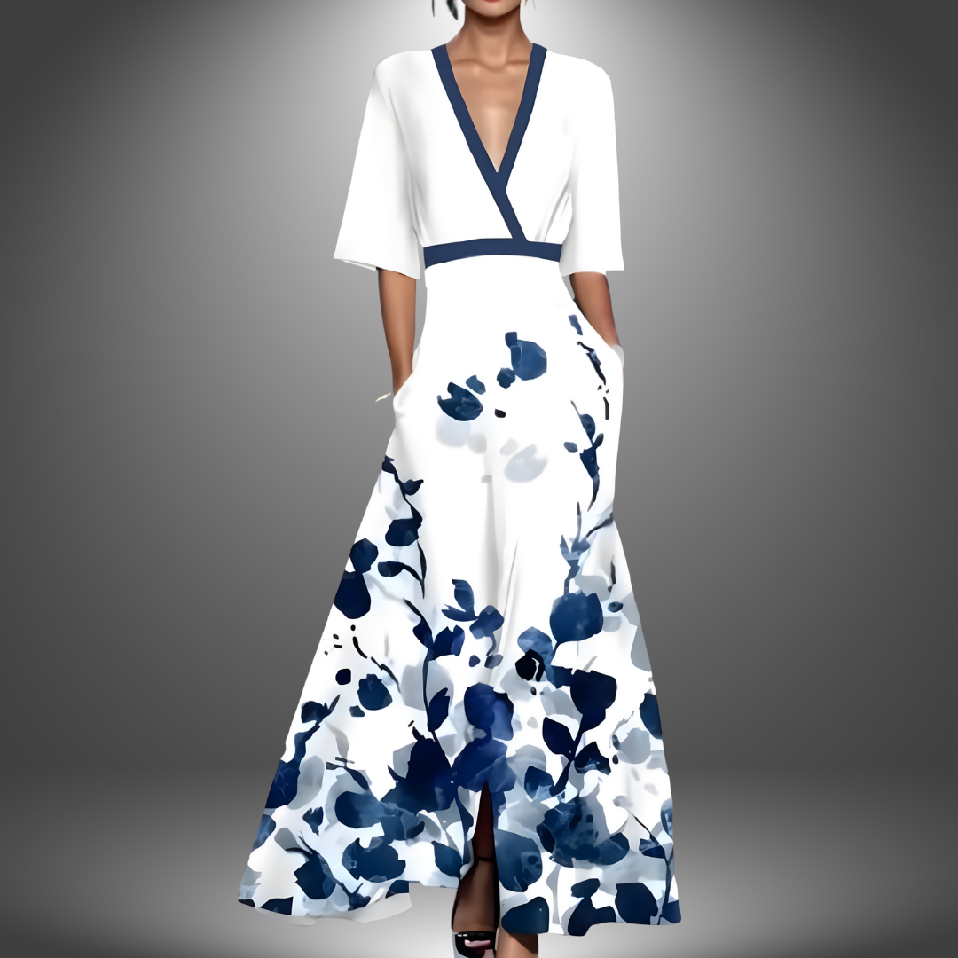 Komfortables Damen Midikleid mit Blumenmuster & Halblangen Ärmeln in Rosa & Blau, perfekt für Freizeit & Sommer.