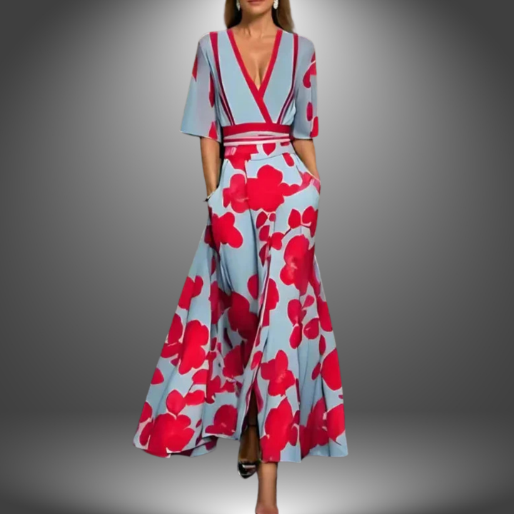 Elegantes Damen Blumen Midikleid mit Halbarm in Rosa-Blau, fließend, ideal als Sommer-Freizeitkleid.