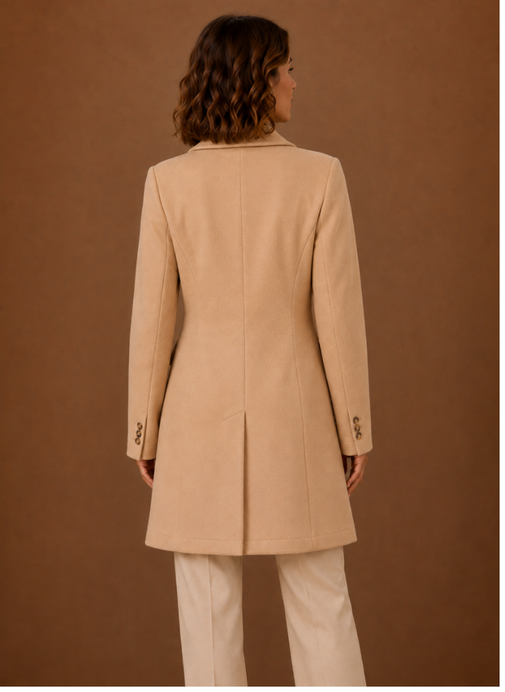 Stylischer Damen Zweireiher Mantel lang für Herbst, Winter, Business oder Freizeit.