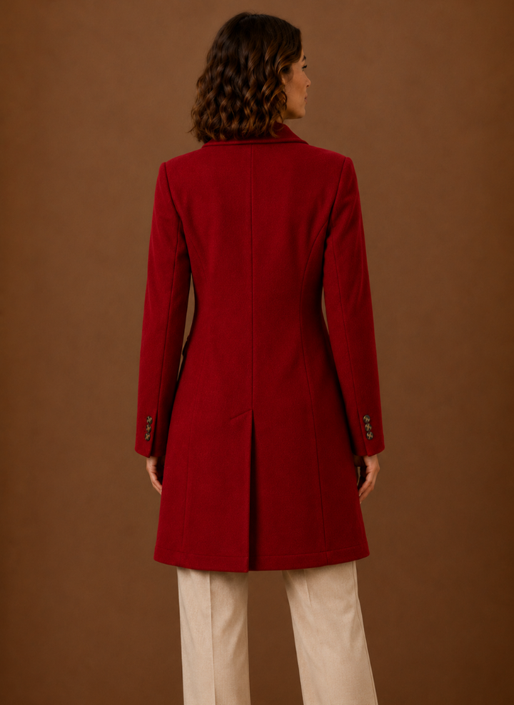 Moderner Damen Zweireiher Mantel lang, elegant geschnitten für Business-Looks im Herbst/Winter.