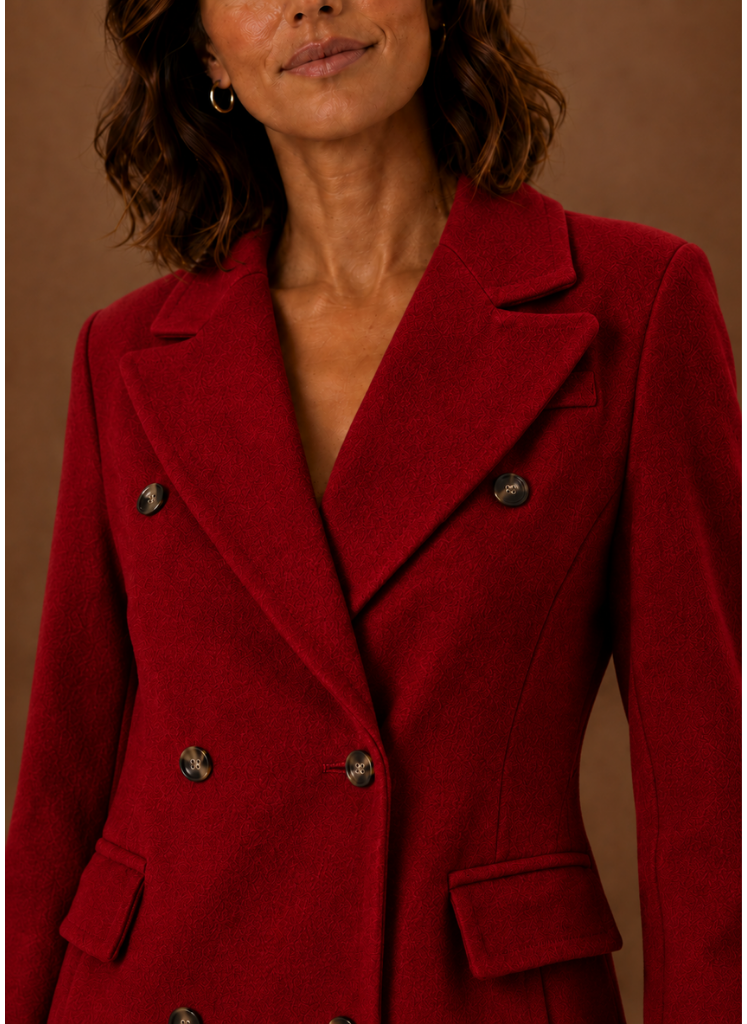 Beigefarbener Damen Zweireiher Mantel lang, ideal als Übergangsmantel für Herbstmode.